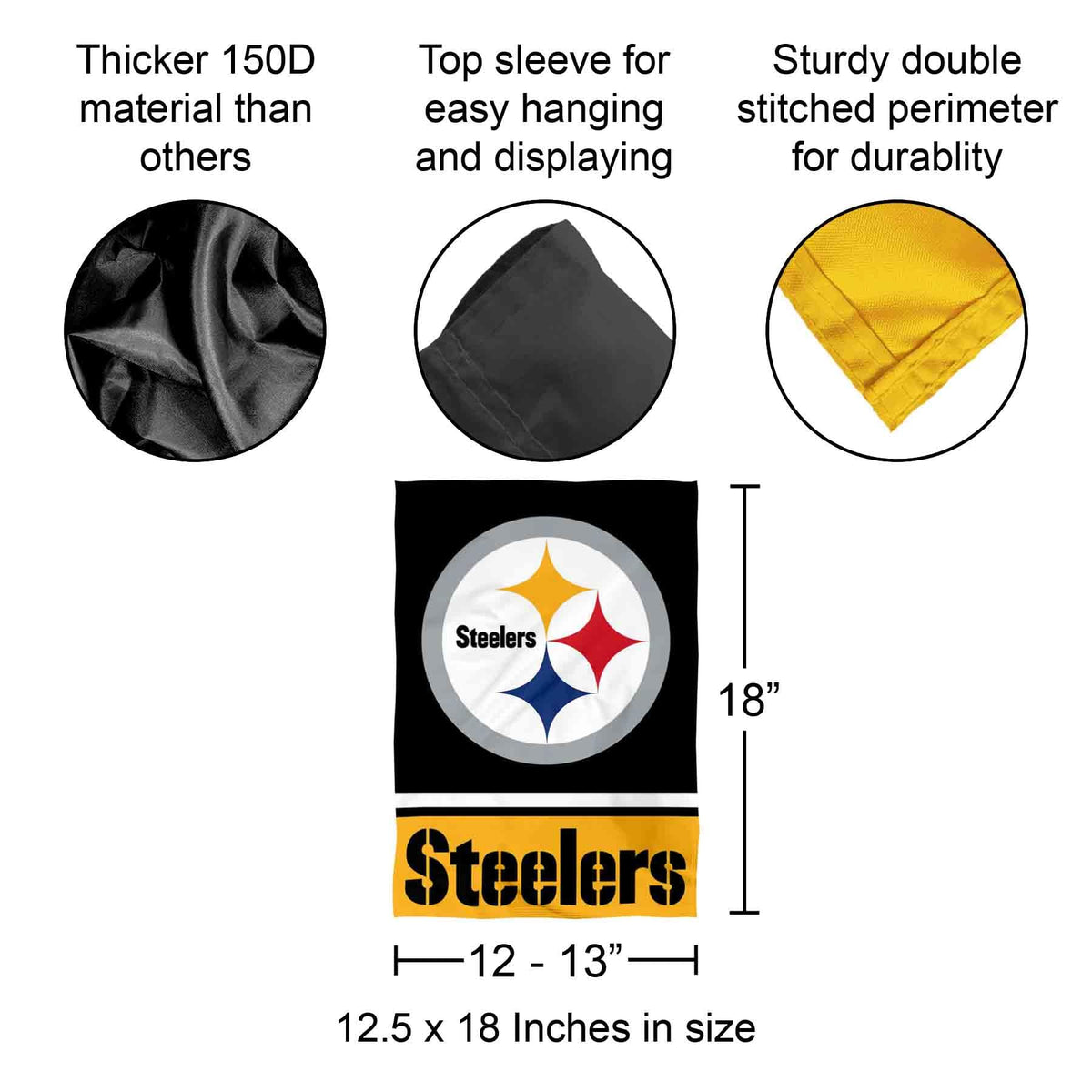 Premium Pittsburgh Steelers Garden Flag with durable 150D material, double-stitched perimeter, and easy display sleeve, available at Curat Cart.