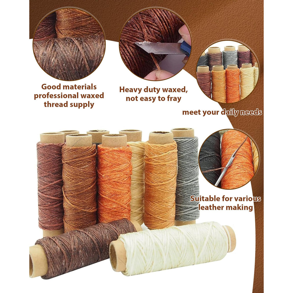 Professional Plantional Leather Working Tools featuring high-quality waxed threads in vibrant colors, perfect for various leather projects. Available at Curat Cart.