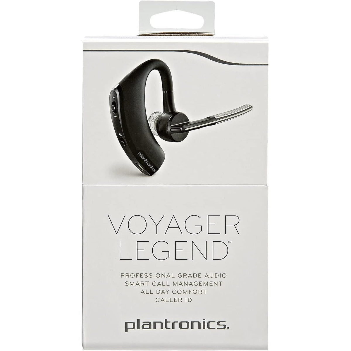 Original packaging of Plantronics Voyager Legend Bluetooth headset, showcasing professional audio and smart call management features.