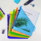 Colorful plastic binder dividers with pocket, premium import from Curat Cart, perfect for organizing documents stylishly.