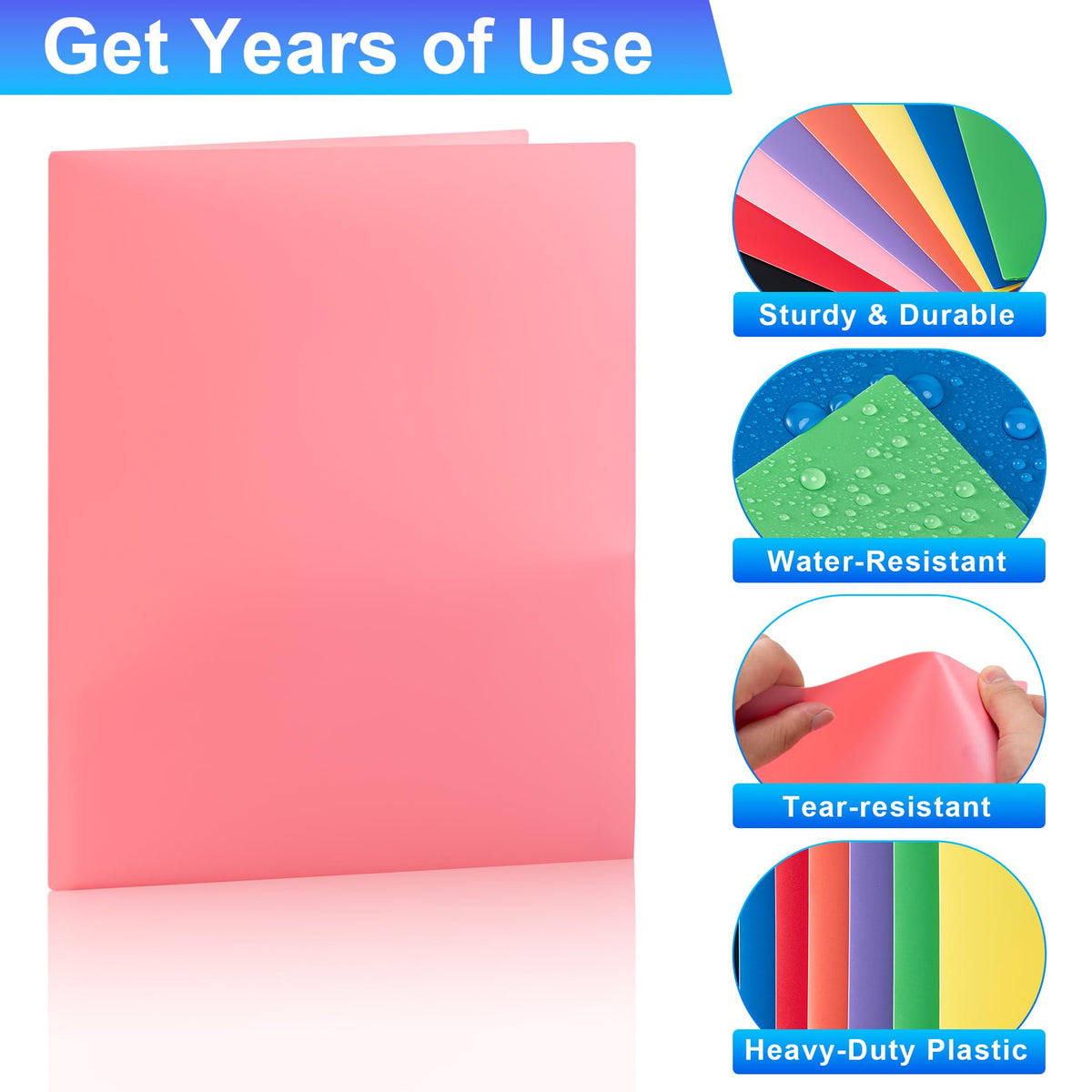Durable plastic folders with pockets in vibrant colors. Water-resistant and tear-resistant. Available at Curat Cart.