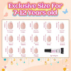 Exclusive 26-piece set of French tip press-on nails for ages 7-12, includes sizes and adhesive glue for easy application.