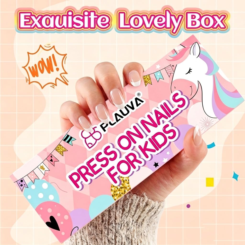 Discover Plauva's 26-piece French tip press-on nails, perfect for kids. Available in India, order yours online today!