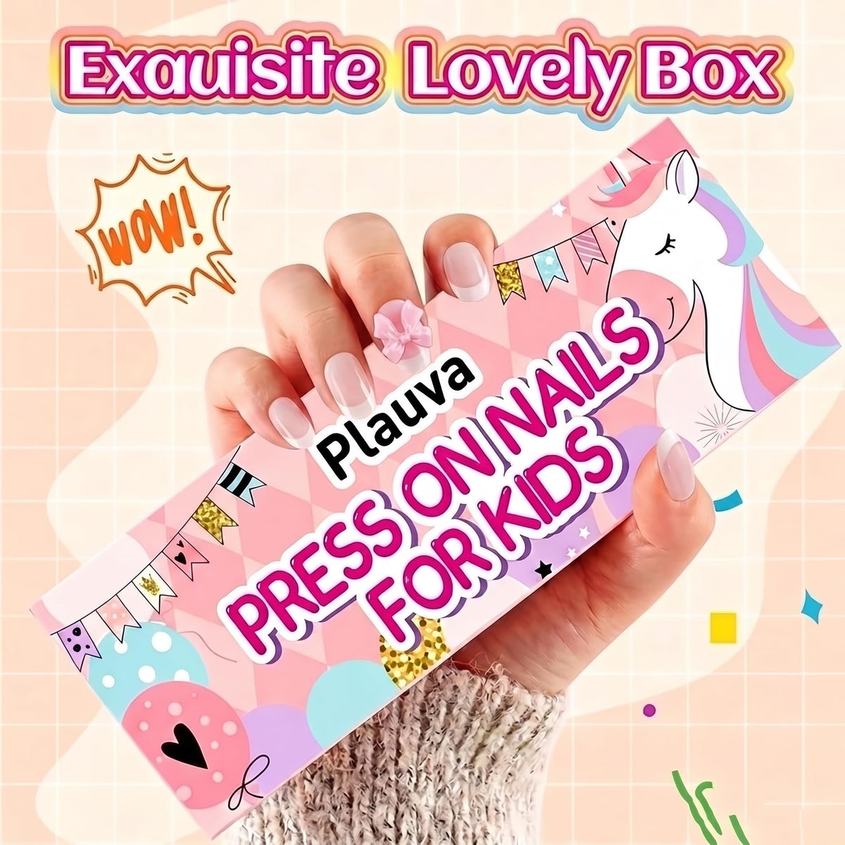 Plauva's 26-piece French tip press-on nails set for kids, beautifully packaged in a colorful box. Verified by CuratCart.