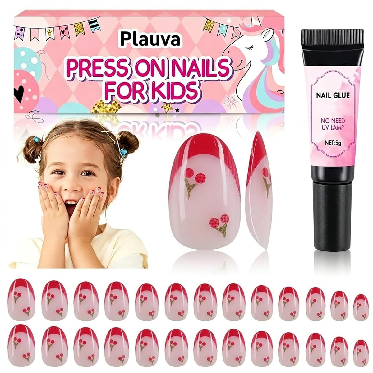 Plauva 26-piece French tip press on nails for kids with cherry design, includes glue. Verified by CuratCart for quality.