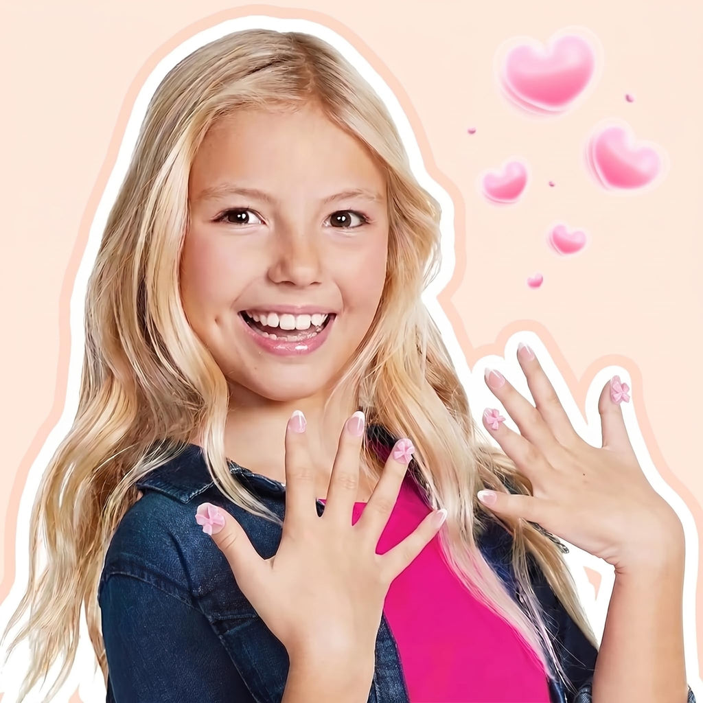 Premium imported 26-piece French tip press-on nails, showcasing playful designs on a smiling young girl.