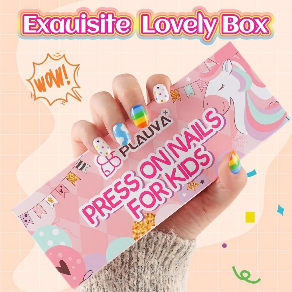 Authentic Plauva 26-piece French tip press-on nails for kids; vibrant colors and fun designs in a lovely box.