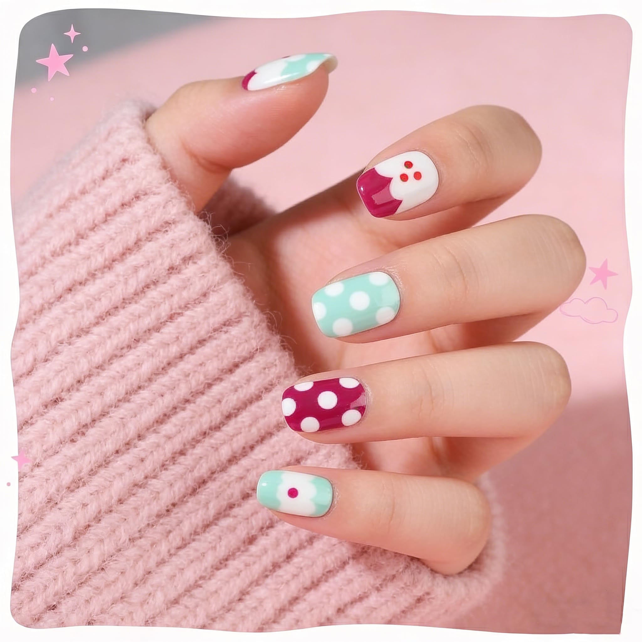 Stylish 26-piece French tip press-on nails featuring fun patterns. Verified by CuratCart for quality.