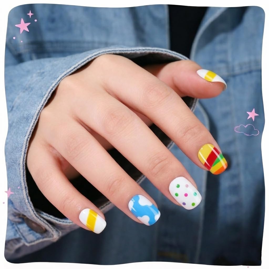 Genuine Plauva 26-piece French tip press-on nails with vibrant colors and fun designs for stylish manicures.