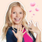 A joyful girl shows off her 26-piece French tip press-on nails, perfect for stylish and easy nail art. Verified by CuratCart.