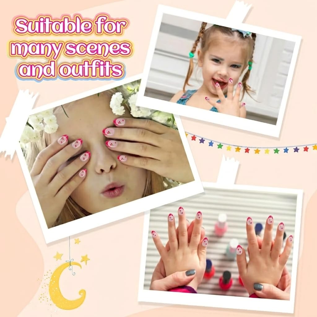Plauva 26 Pieces French Tip Press on Nails suitable for various occasions, featuring vibrant colors and designs for kids.