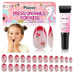 Plauva 26-piece French tip press-on nails for kids, featuring cherry designs. Includes nail glue, no UV lamp needed.