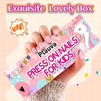 Vibrant Plauva press-on nails set for kids, featuring unicorns, in a lovely box adorned with playful designs.