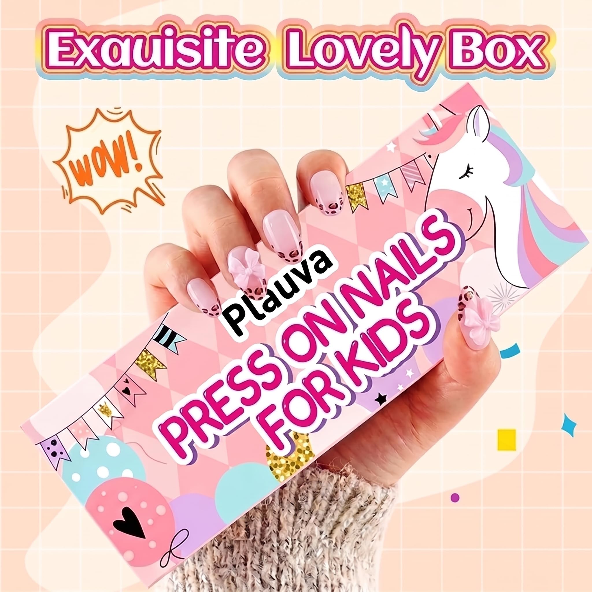 Vibrant Plauva press-on nails set for kids, featuring unicorns, in a lovely box adorned with playful designs.