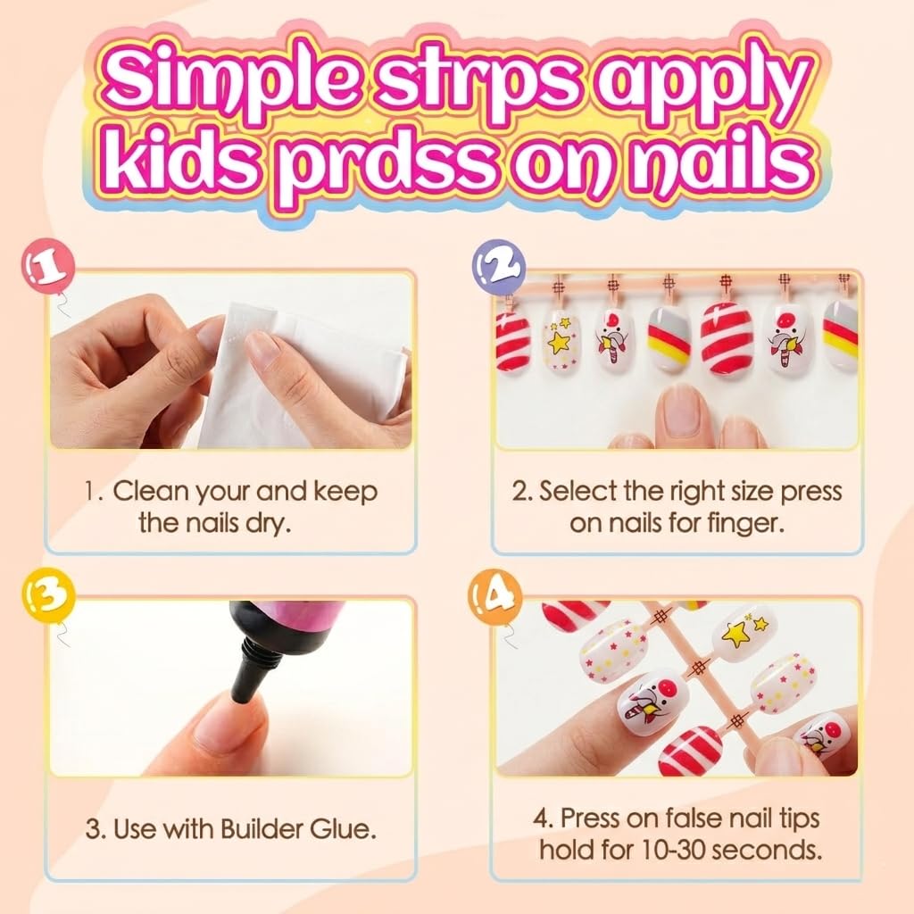 Four-step guide for applying Plauva 26-piece French tip press-on nails. Easy, fun, and colorful designs for kids.