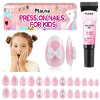 Plauva's 26-piece French tip press-on nails for kids, featuring a pink design with bows, inclusive nail glue gel. Perfect for easy, stylish application.