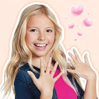 Delightful girl displays 26-piece French tip press-on nails, perfect for quick glam. Premium imported quality.