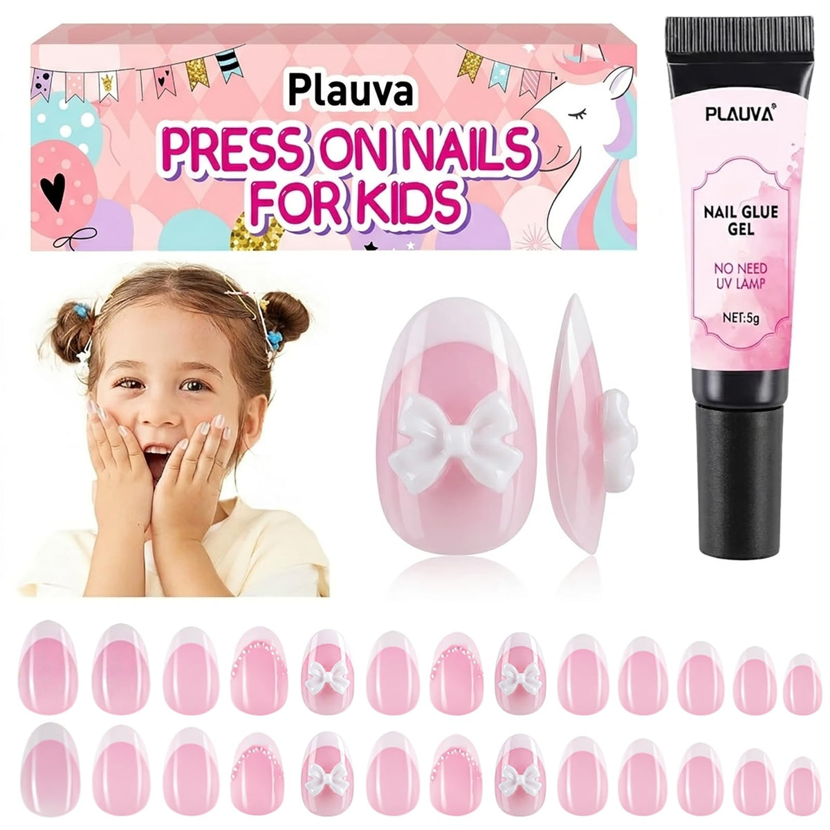 Plauva's 26-piece French tip press-on nails set for kids, featuring cute pink designs and a nail glue gel for easy application.