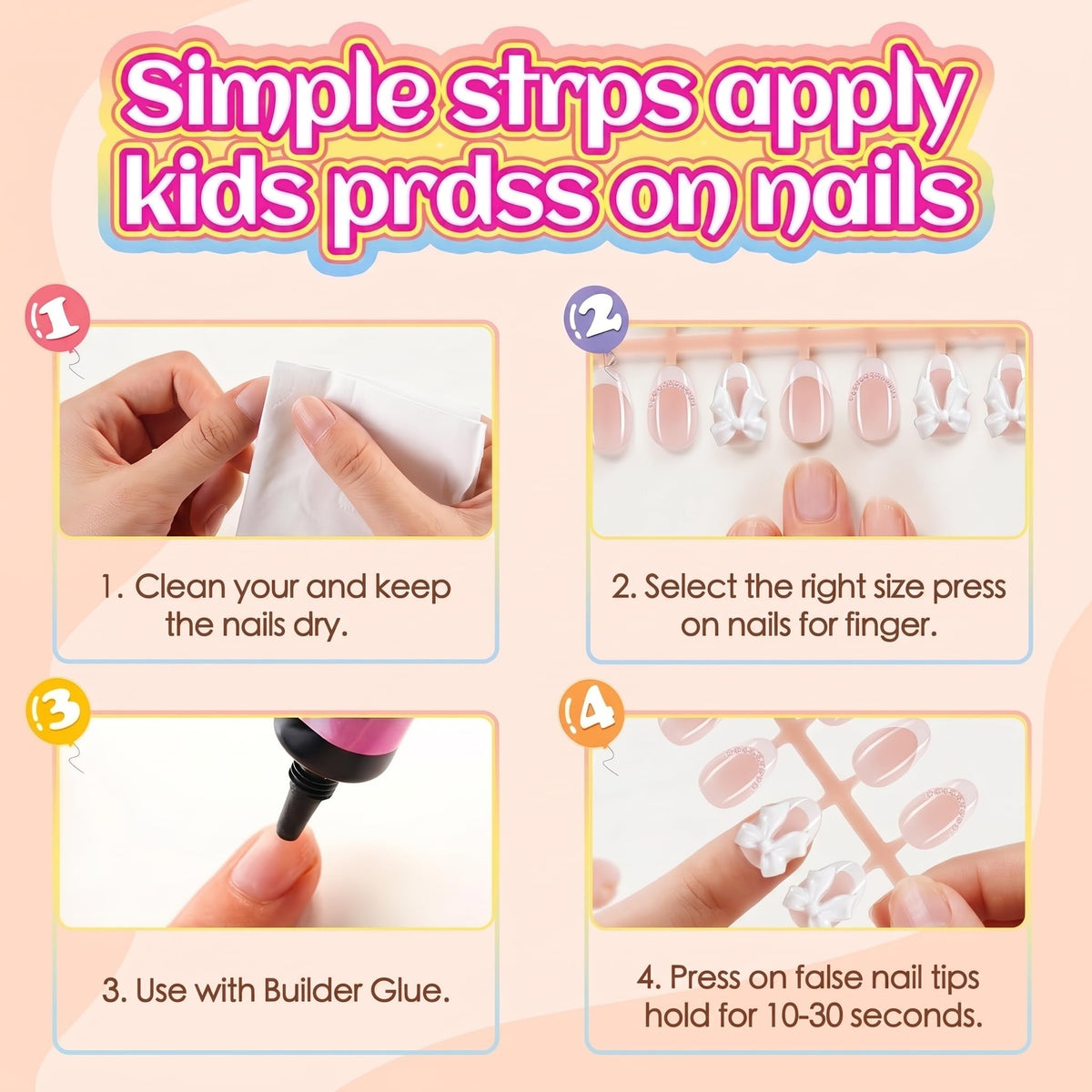 Colorful packaging showcasing 26 pieces of kids' French tip press-on nails, easy application instructions included.