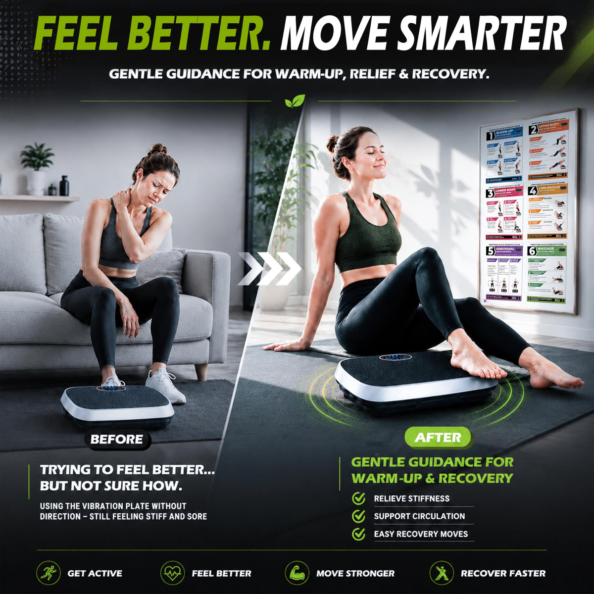 Pocazone Vibration Plate Workout showcases before and after results, promoting recovery and fitness. 100% Authentic, available at Curat Cart.