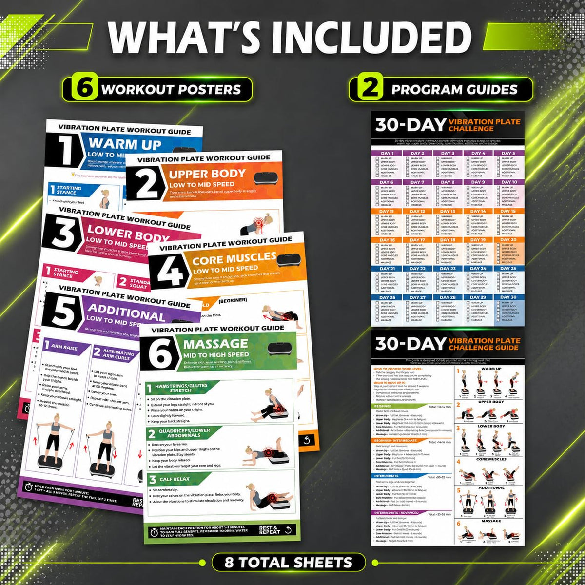 Detailed guides for Pocazone Vibration Plate Workout, showcasing high-quality workout posters and program guides. Available at Curat Cart.