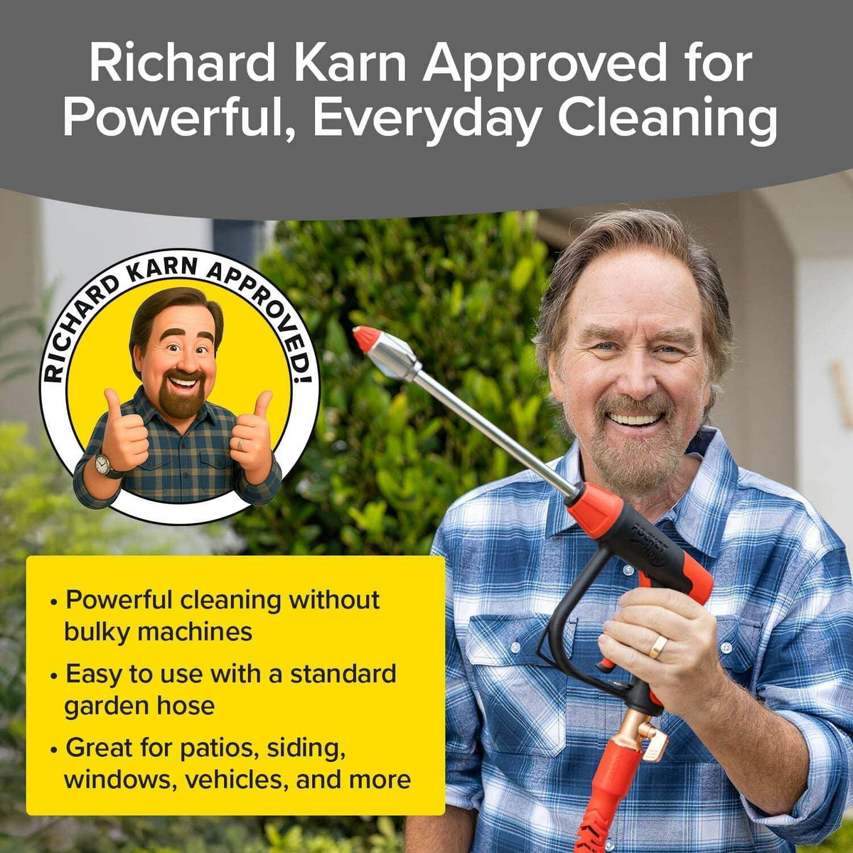 Transform your cleaning routine with the Pocket Hose Arrow Spray Nozzle, approved by Richard Karn for effortless, powerful cleaning. Available at Curat Cart.
