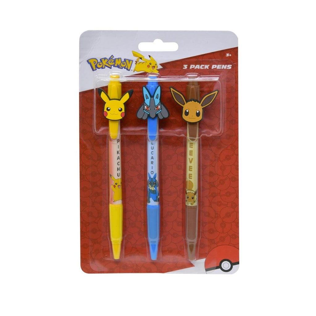 Premium imported Pokémon 3 pack pens featuring Pikachu, Lucario, and Eevee. Ideal for fans, available at Curat Cart.