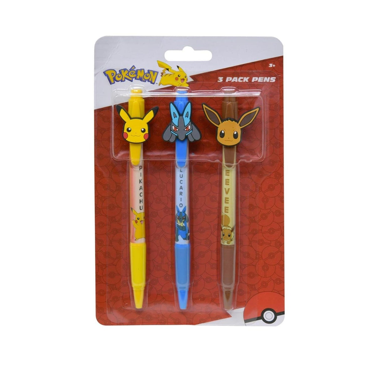 Premium imported Pokémon 3 pack pens featuring Pikachu, Lucario, and Eevee. Ideal for fans, available at Curat Cart.