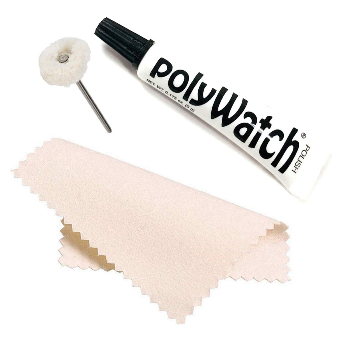 100% Genuine Polywatch Plastic Watch Crystal Remover kit includes polish, applicator, and cleaning cloth for effective use.