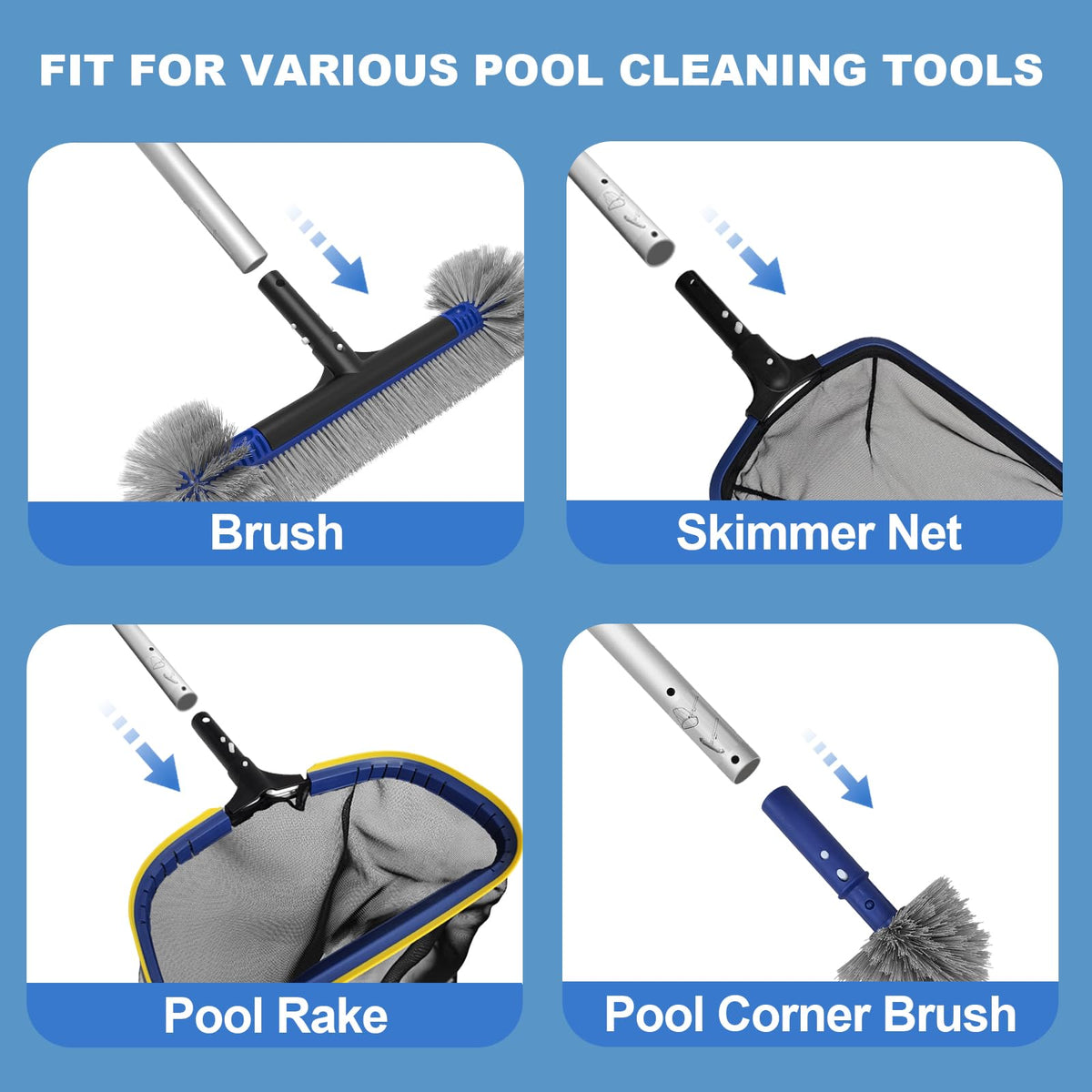 Explore the Poolvio Pool Cleaning Kit featuring high-quality tools like brushes and skimmer nets, perfect for maintaining your pool. Available at Curat Cart.