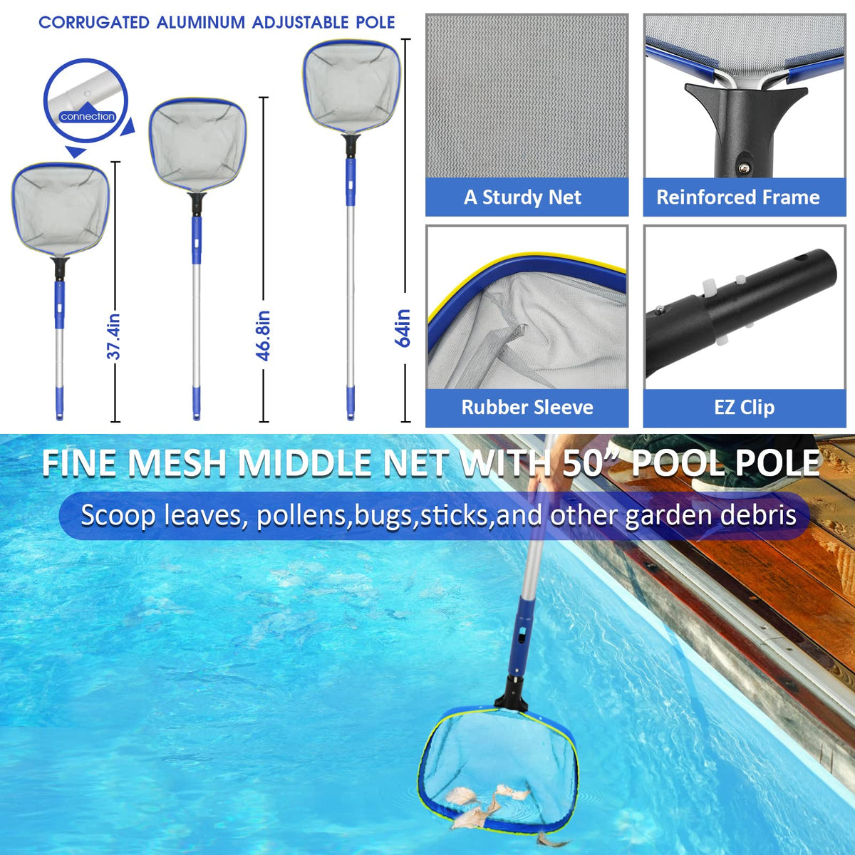 Premium imported Poolvio Swimming Pool Cleaning Kit features a sturdy net and adjustable pole, available at Curat Cart.