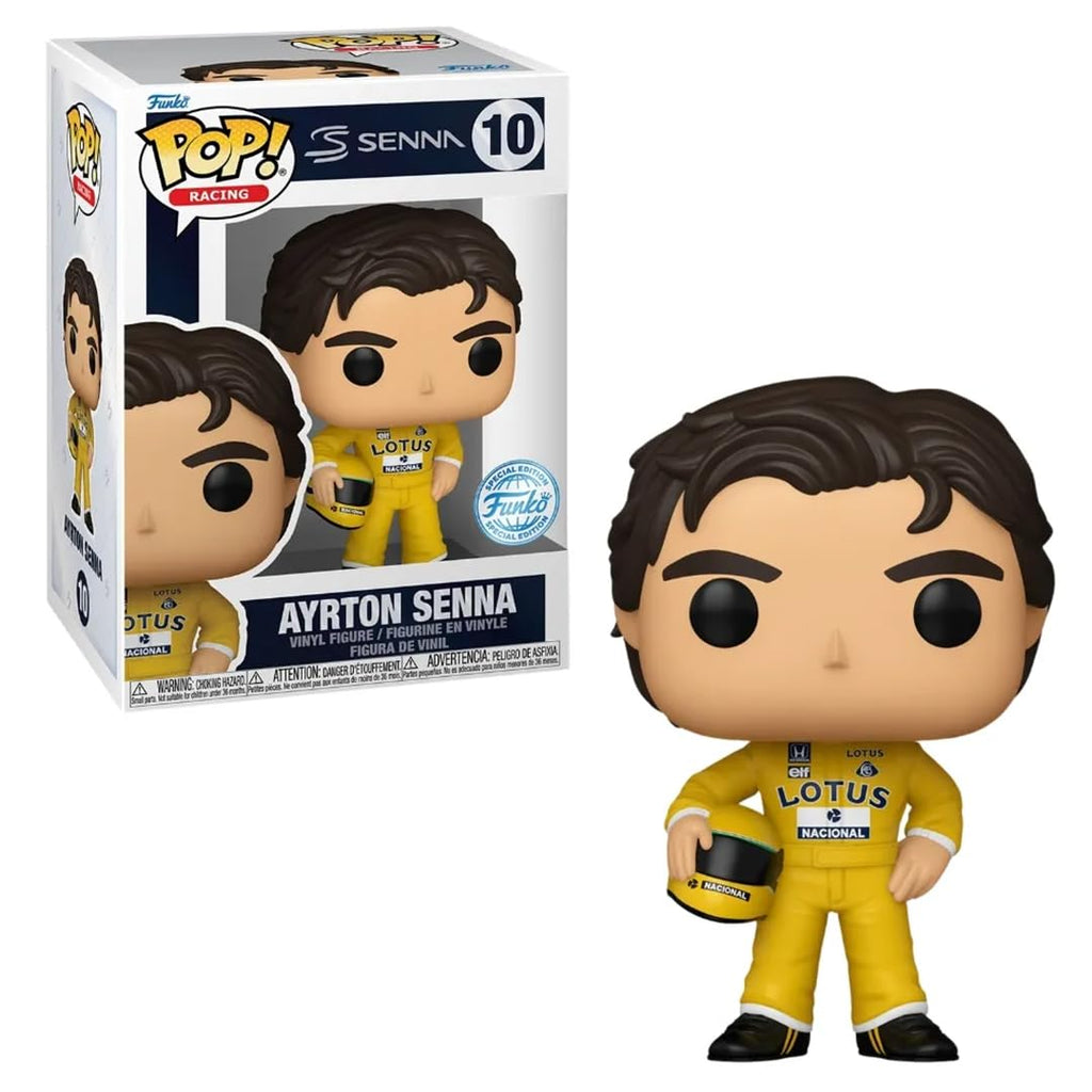 100% Genuine Funko Pop! Ayrton Senna 10 Exclusive figure in yellow racing suit, holding a helmet, perfect for collectors.