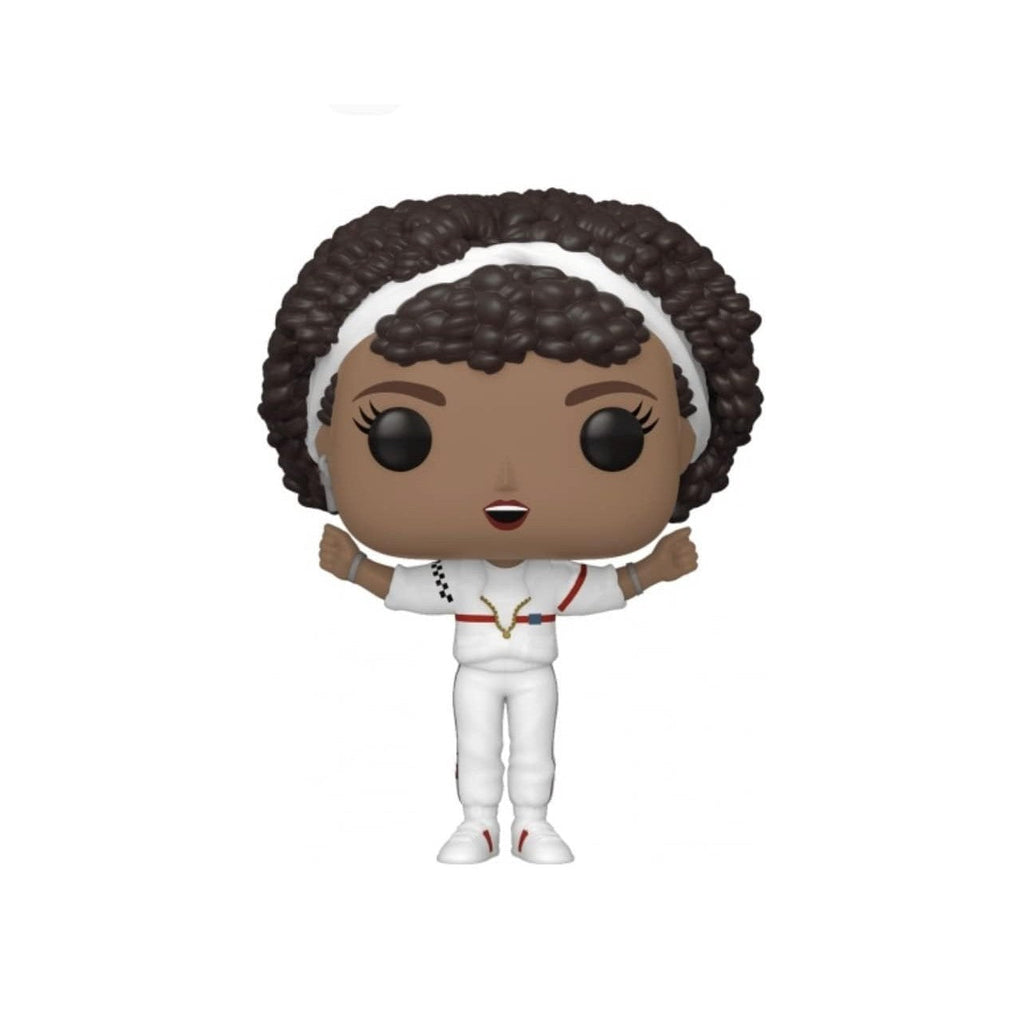 Adorable Funko Pop figure of Whitney Houston in white outfit, captured in a joyful pose. Verified by CuratCart for authenticity.