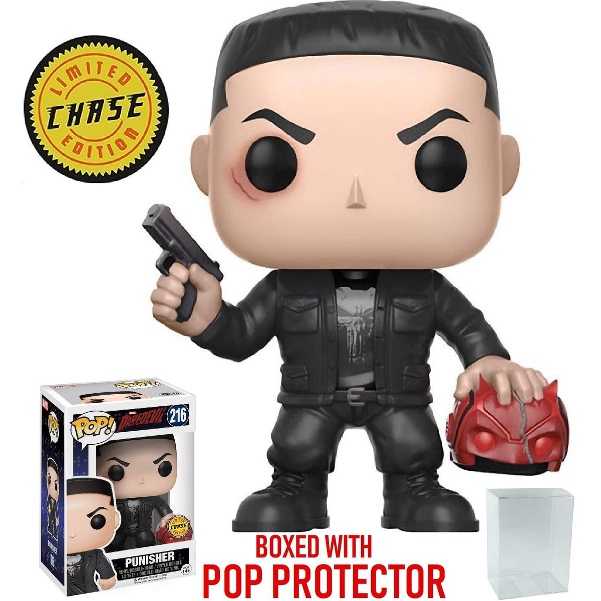 Collectible Marvel Punisher Pop! figure, boxed with pop protector. Limited Chase edition, featuring detailed design.