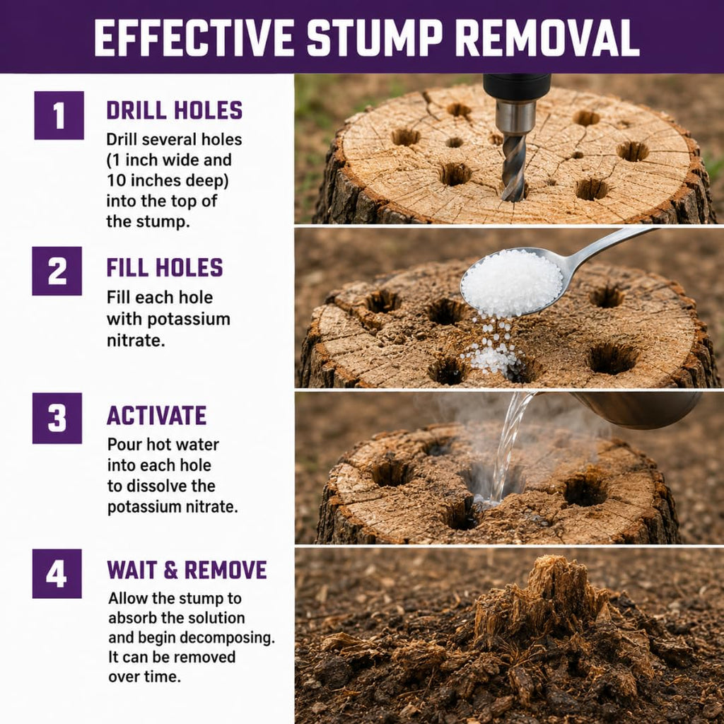 Potassium Nitrate Stump Remover guide for effective stump removal. Available in India at Curat Cart, 100% Authentic. Order now.