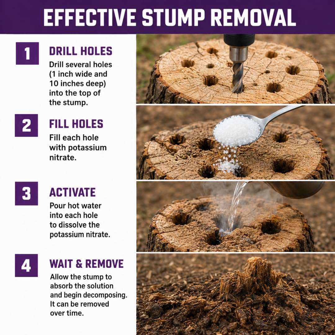 Potassium Nitrate Stump Remover guide for effective stump removal. Available in India at Curat Cart, 100% Authentic. Order now.