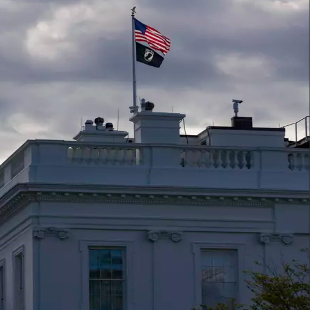 Double-sided Pow Mia Flag flying proudly at the White House, symbolizing remembrance. 100% Authentic, available at Curat Cart.