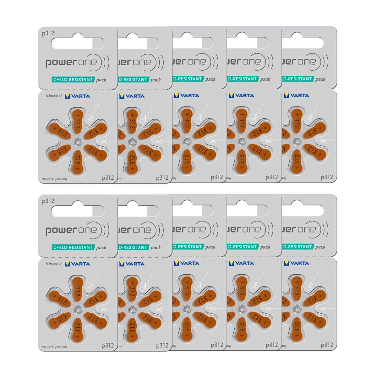 Premium imported Power One Zinc P312 hearing aid battery pack, featuring child-resistant design. Available at Curat Cart.