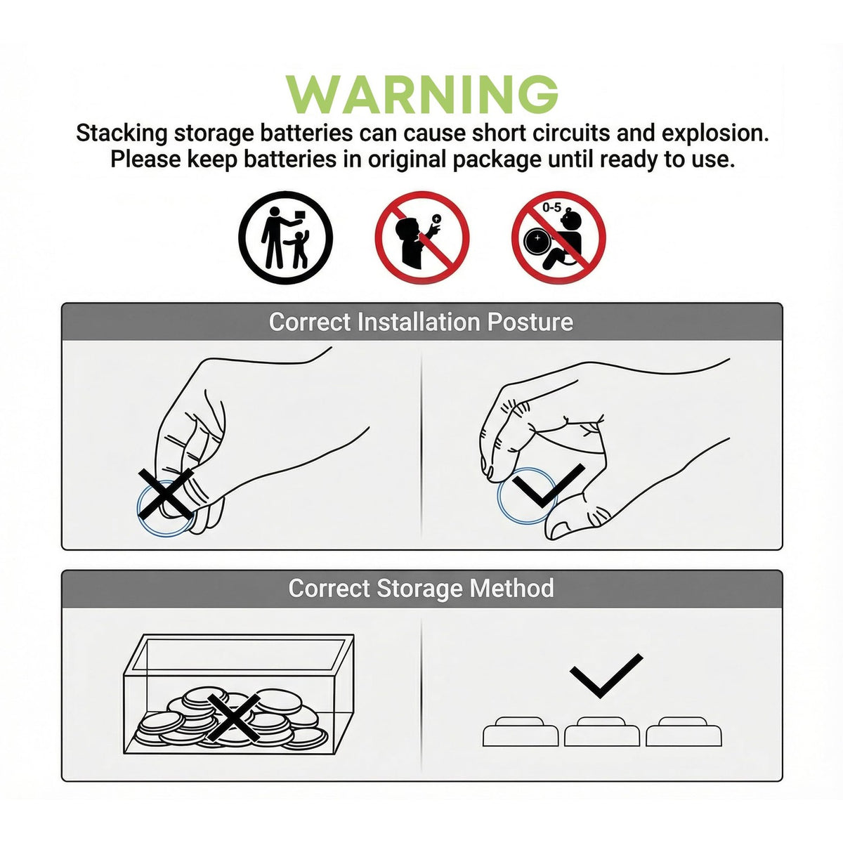 Detailed warning for POWEROWL CR1632 Lithium Batteries on safe handling and storage, ensuring product integrity. Available at Curat Cart.