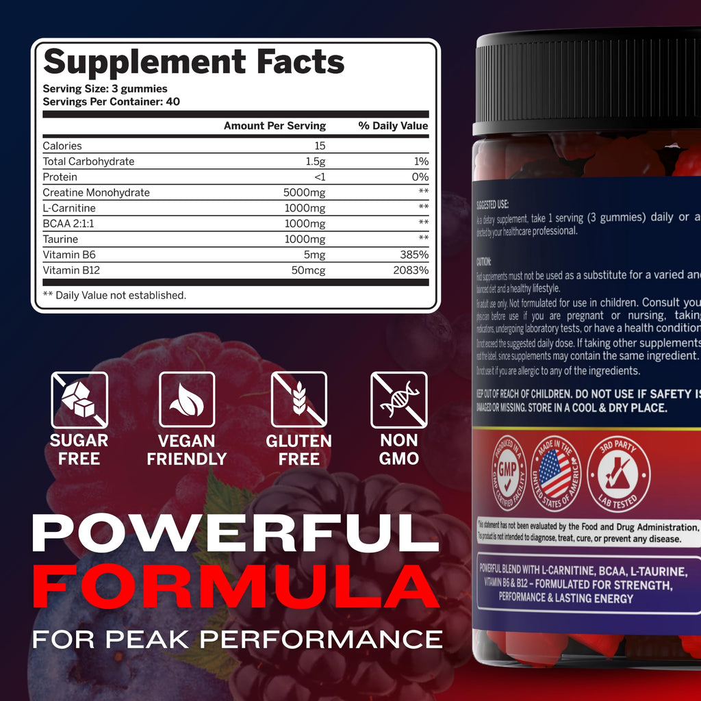 Pre-Workout Gummies for Muscle Growth in high-quality packaging, offering a sugar-free, vegan-friendly formula. Available at Curat Cart.