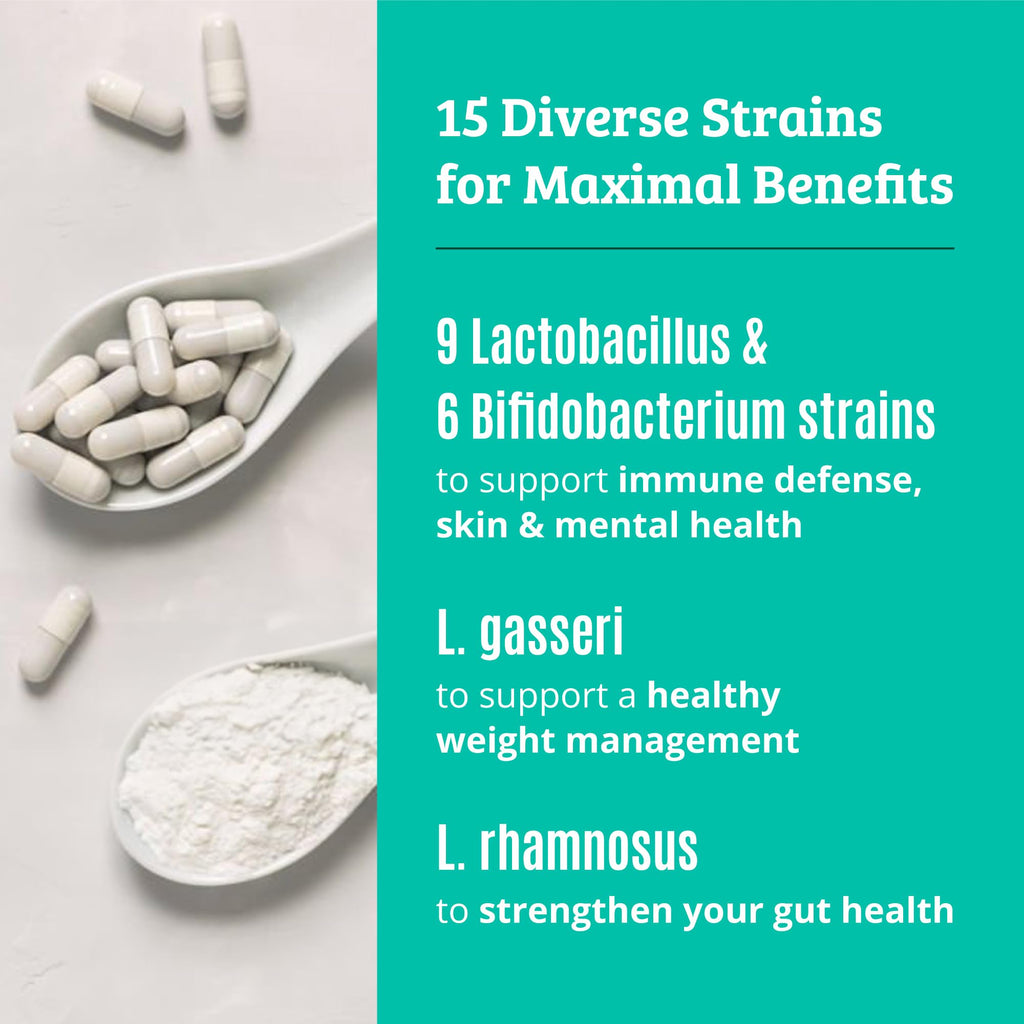 Premium imported prebiotics and probiotics for digestive health, featuring 15 diverse strains for optimal gut wellness. Available at Curat Cart.