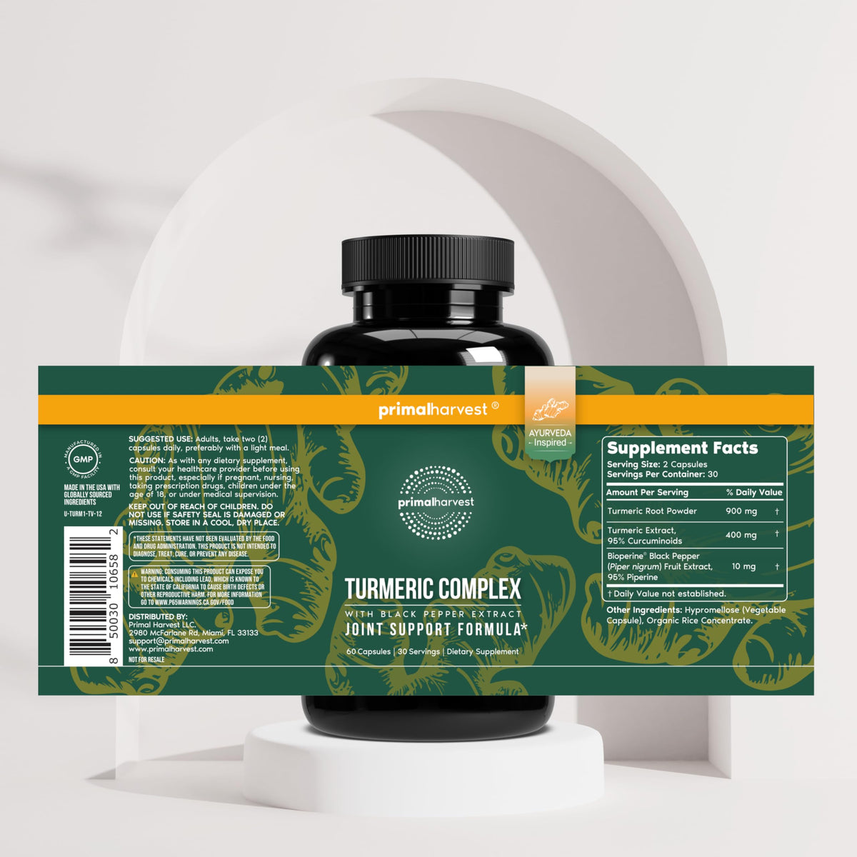 Primal Harvest Turmeric Complex offers joint support with turmeric and black pepper extract. Perfect for daily use, available at Curat Cart.