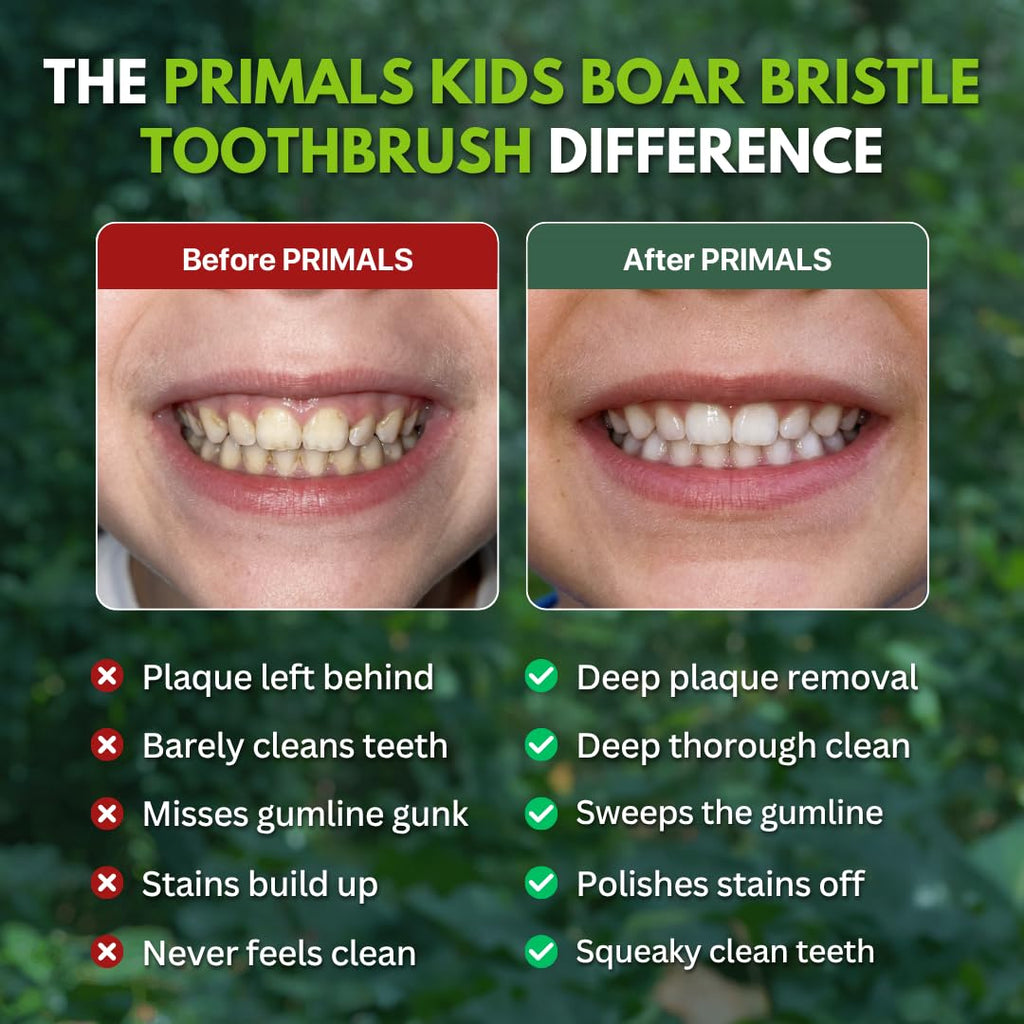 Transform your child's dental hygiene with the PRIMALS Kids Boar Bristle Toothbrush, showcasing deep cleaning benefits. Available at Curat Cart.