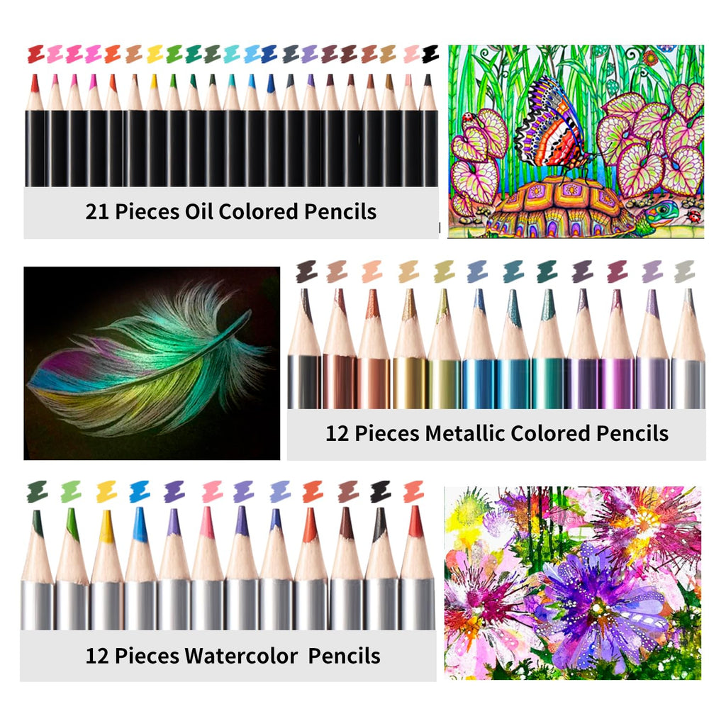 Explore the exclusive PRINA Drawing Set Sketching Kit with 21 oil, 12 metallic, and 12 watercolor pencils, specially curated by Curat Cart.
