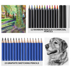 PRINA Drawing Set Sketching Kit features 12 rainbow pencils, 3 charcoal pencils, and 15 graphite sketching pencils in official packaging from Curat Cart.