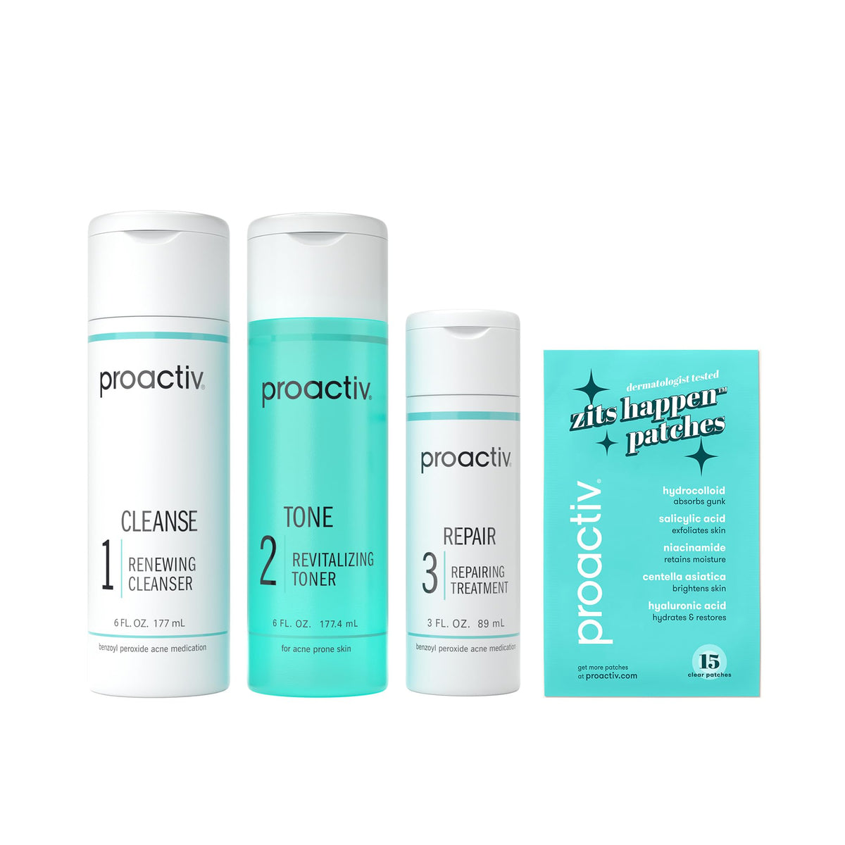 Proactiv Acne Treatment Kit featuring cleanser, toner, repair treatment, and acne patches in original packaging.