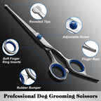 Professional Dog Cat Grooming Scissors with rounded tips, adjustable screw, and soft finger ring inserts in official packaging at Curat Cart.
