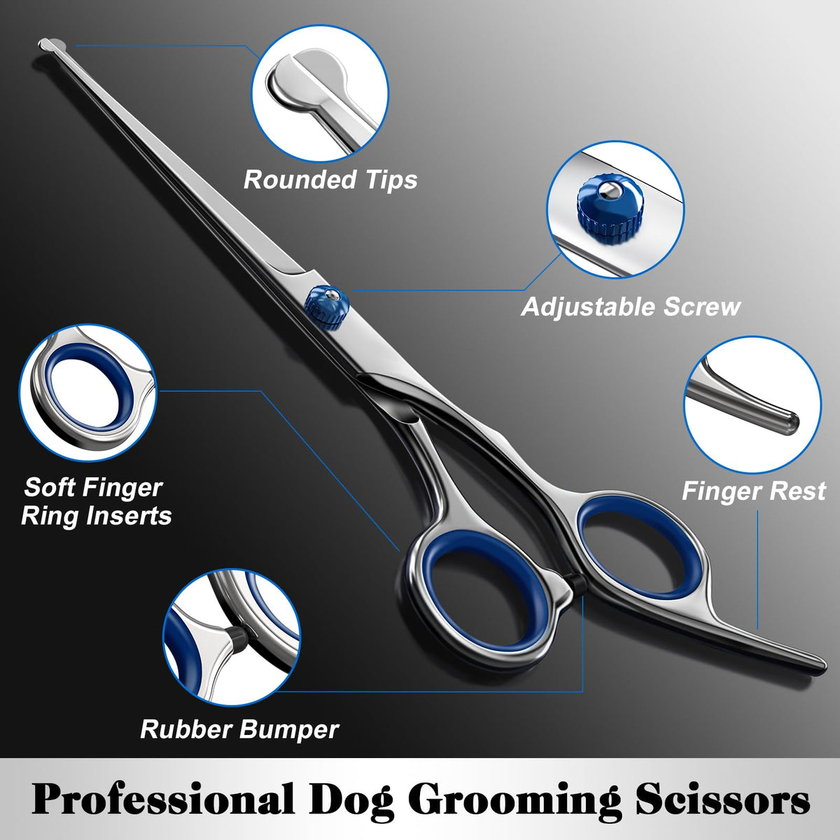 Professional Dog Cat Grooming Scissors with rounded tips, adjustable screw, and soft finger ring inserts in official packaging at Curat Cart.
