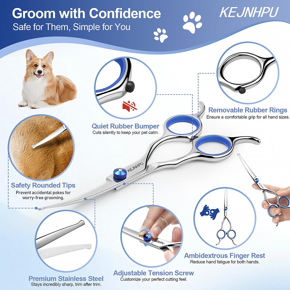 Premium professional dog grooming scissors with safety rounded tips and ergonomic design in official packaging from Curat Cart.