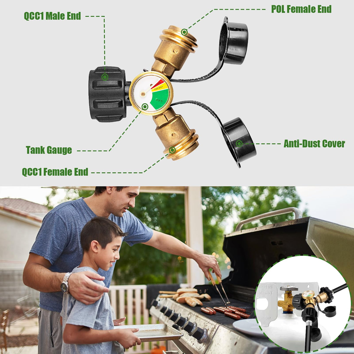 Premium imported propane tank splitter with gauge, featuring QCC1 and POL ends, available at Curat Cart. Perfect for outdoor cooking.